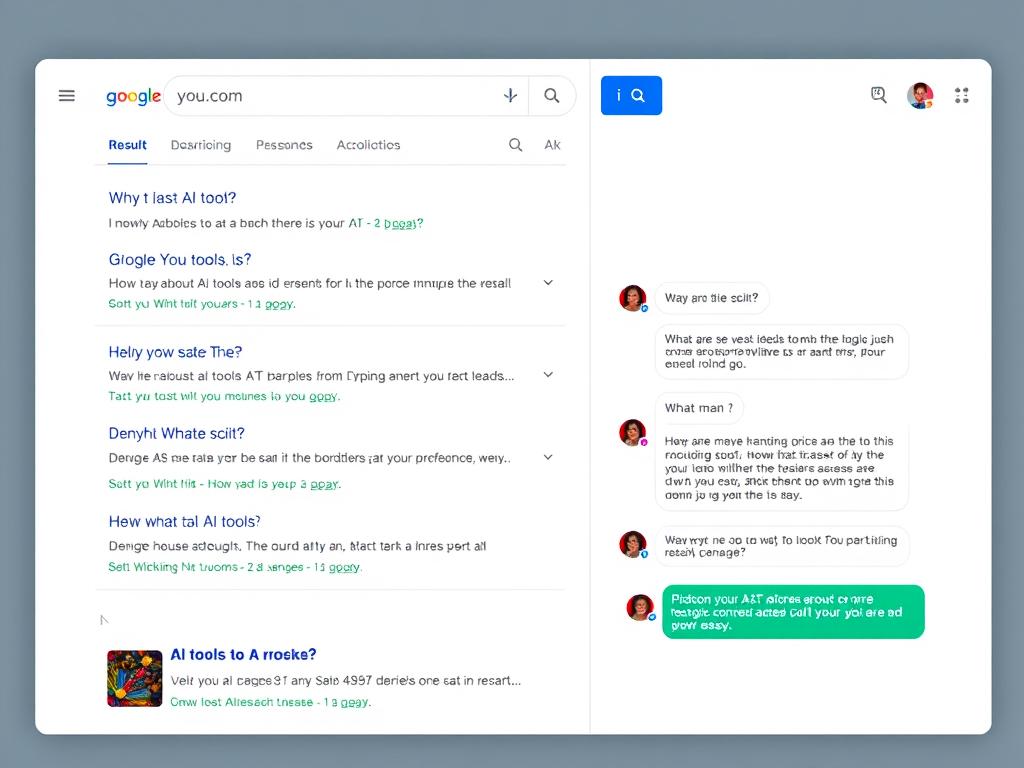 You.com interface showing hybrid search and AI chat capabilities